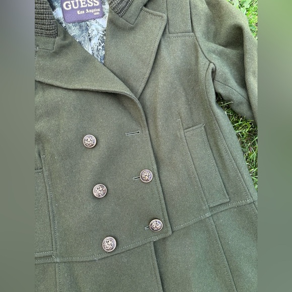 Guess Olive Green Wool Blend Double Breasted Pea Coat Womens XL *Button Missing* - Picture 8 of 10